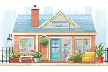 cape cod house with brick porch and potted plants, magazine style illustration
