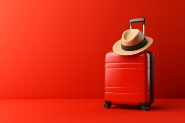 red colorful travel bag with straw hat and sunglasses isolated on red. - obrazy, fototapety, plakaty