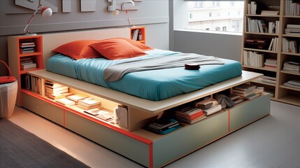 a teen's room with a bed that has smart storage underneath