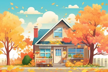 cape cod house with a side gable roof surrounded by autumn foliage, magazine style illustration