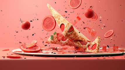 delicious fresh pizza on a red background, fast food, pizza