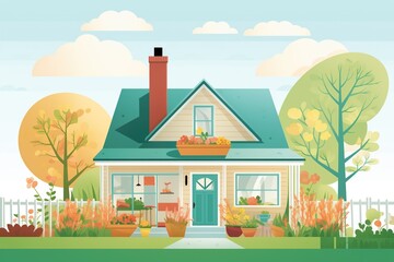 Fototapeta premium cape cod home with a side gable roof surrounded by lush greenery, magazine style illustration