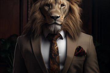 leão, vestido com um terno elegante e uma bela gravata. Retrato fashion de um animal antropomórfico posando com uma atitude humana - obrazy, fototapety, plakaty