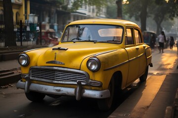 Yellow vintage taxi in Kolkata, India