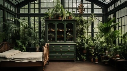 a Victorian greenhouse-inspired minimalist bedroom with botanical decor and hidden storage in antique cabinets