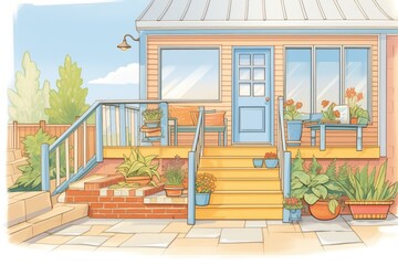 staircase leading up to a cape cod homes porch, magazine style illustration