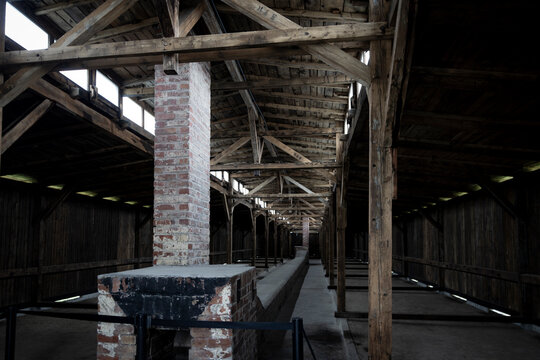 Brzezinka, Poland - July 17, 2023: Interior of barracks Memorial and museum Auschwitz-Birkena. Former Germani Nazi Concentration and Extermination Camp in Poland