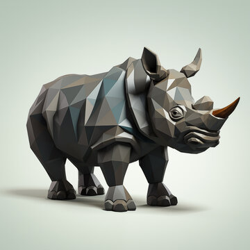 Rinoceronte poligonal isolado no fundo cinza - Ilustração infantil 3d  