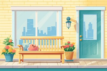 cape cod house porch with freshly painted bench, magazine style illustration
