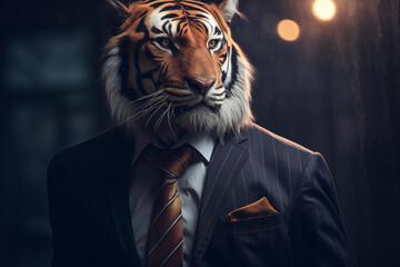 tigre vestido com um terno elegante e uma bela gravata. Retrato fashion de um animal antropomórfico posando com uma atitude humana - obrazy, fototapety, plakaty