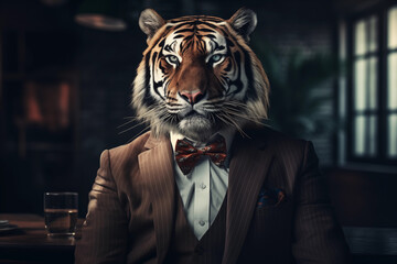tigre vestido com um terno elegante e uma bela gravata. Retrato fashion de um animal antropomórfico posando com uma atitude humana