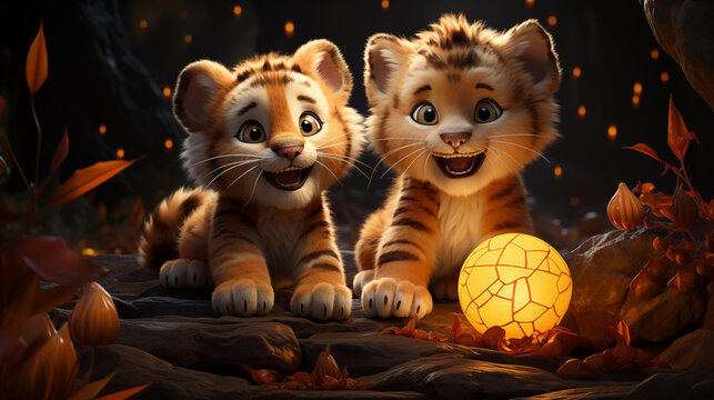 Dois filhotes de tigre brincando com uma bola na floresta - Ilustração infantil 3d 