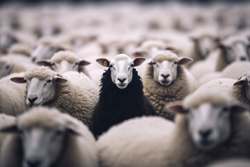 Ovelha negra no meio do rebanho de ovelhas brancas - Papel de parede - obrazy, fototapety, plakaty