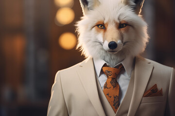 raposa albina, vestido com um terno elegante e uma bela gravata. Retrato fashion de um animal antropomórfico posando com uma atitude humana