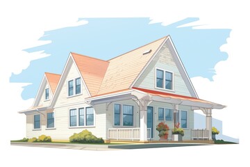side view of a white cape cod with two dormers, magazine style illustration
