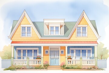 detailed view of twin dormers on a cape cod home, magazine style illustration