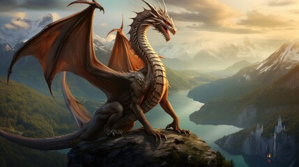 Majestic dragon perched on mountain peak overlooking AI generated illustration - obrazy, fototapety, plakaty