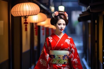 Naklejka premium geisha women wearing traditional japanese costumes posing in night Kyoto city streets