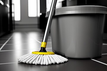 Household chores: Cleaning tools - mop, broom and bucket - keep your home clean. - obrazy, fototapety, plakaty
