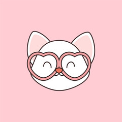 Cute kawaii white cat face with heart glasses
