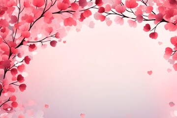 Valentine's Day background with pink hearts growing on the tree. Copy space. 