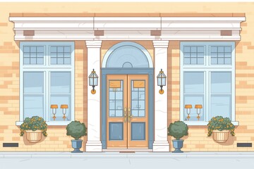 central front door of a colonial house with symmetrical windows, magazine style illustration