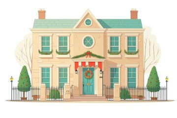 beige colonial residence with a festive green front door, magazine style illustration
