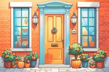 Fototapeta na wymiar close-up of a colonial houses bright orange central front door, magazine style illustration