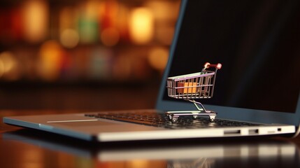 Miniature shopping cart icon in front of a laptop screen