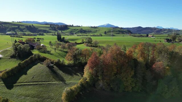 Switzerland, Canton of Zug, autumn landscape, farm fields, Menzingen