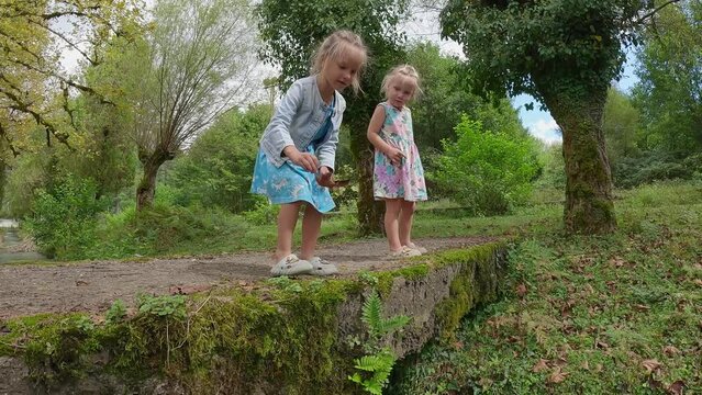 Girls throwing leaves into the river