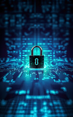 Padlock over glowing abstract electronic circuit background, vertical banner - cyber security concept. Generative AI - obrazy, fototapety, plakaty