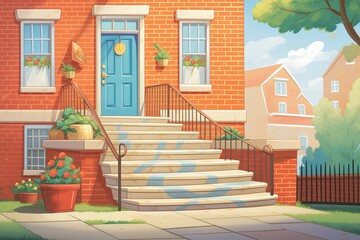 close-up of brick stairway leading to colonial houses entrance, magazine style illustration