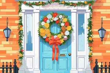 Fototapeta na wymiar wreath hanging on colonial front door, magazine style illustration