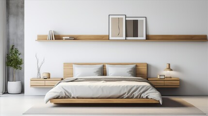 an art studio-inspired minimalist bedroom with floating shelves for creative storage solutions