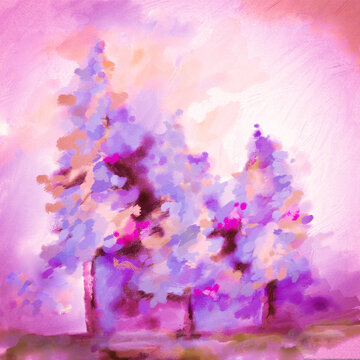 Impressionistic Cluster of Pine Trees with Canvas Texture in Purples & Pinks Digital Art, Artwork, Illustration, Painting or Design - Christmas