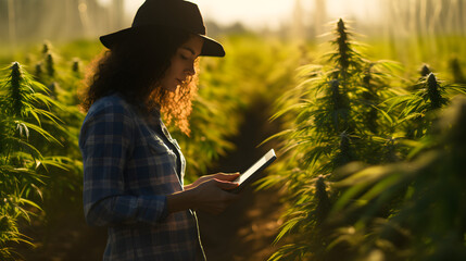 Moderne Agrarwirtschaft: Weibliche Cannabis-Farmerin nutzt Tablet für Smart Farming - obrazy, fototapety, plakaty