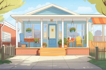 view from the sidewalk showcasing the side porch and main door, magazine style illustration