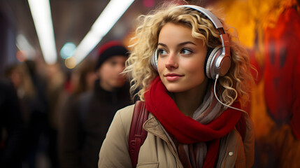 Fototapeta premium Attractive young blonde woman with headphones listening to music and looking to the side. Urban location with crowds of people.