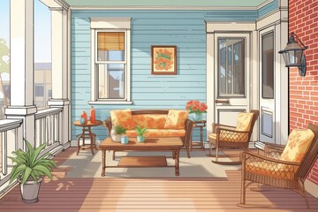 image of colonial houses side porch with patio furniture, magazine style illustration