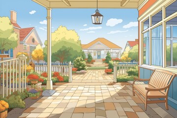 view from the porch showing the colonial house and the paved walkway, magazine style illustration