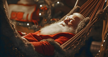 santa claus sleeping in a hammock. AI generated.