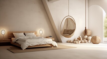 Fototapeta na wymiar minimalist bedroom with a hammock chair and hidden storage in woven baskets