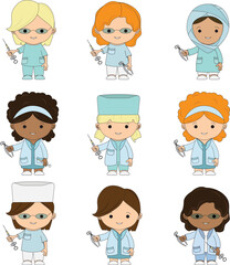 Set Illustrations medical personnel, doctor, nurse, health, medicine. Collection Medical characters. Cute doctors, stomatologs and nurses. Men and women are avatars. Vector flat illu
