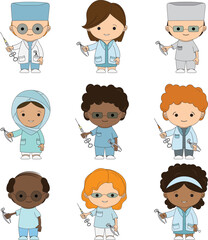 Set Illustrations medical personnel, doctor, nurse, health, medicine. Collection Medical characters. Cute doctors, stomatologs and nurses. Men and women are avatars. Vector flat illu