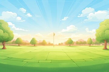 a golf course green freshly mowed with the sunrise in the background - obrazy, fototapety, plakaty