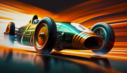 A vintage race car in full throttle, captured with speed lines emphasizing rapid motion