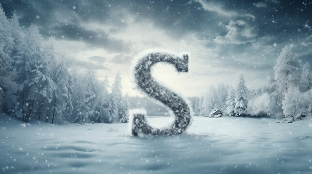 Digital composite of S letter in winter forest with snow covered fir trees