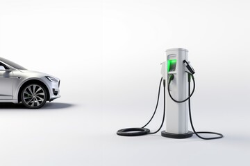 Future-Forward Mobility: Modern Electric Vehicle Plugged into Charging Station on White
