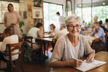 Lifelong Learning Joy: Senior Woman Radiates Happiness in English Class at Retirement Home - obrazy, fototapety, plakaty